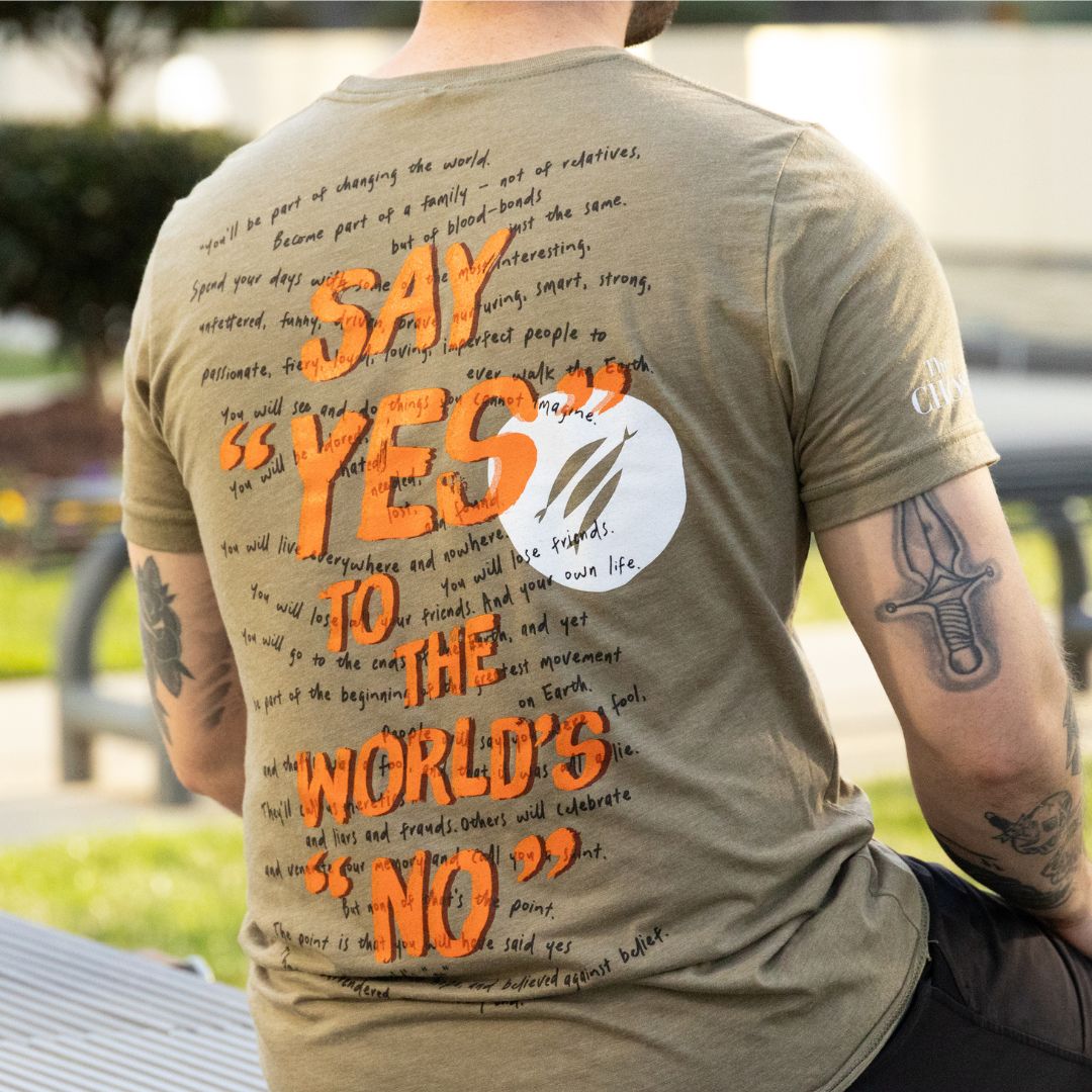 Zeg ja tegen 's werelds nee-T-shirt (olijfgroen)